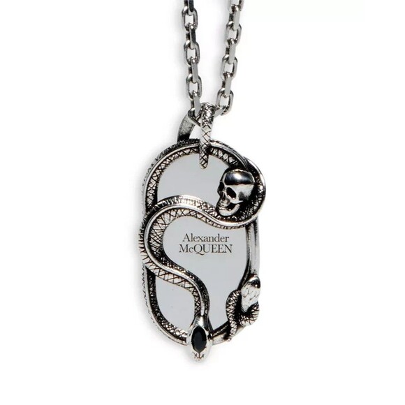 ALEXANDER MCQUEEN Mens Dog Tag Necklace Silver Tone Brass Skull & Snake $590 - Picture 2 of 11
